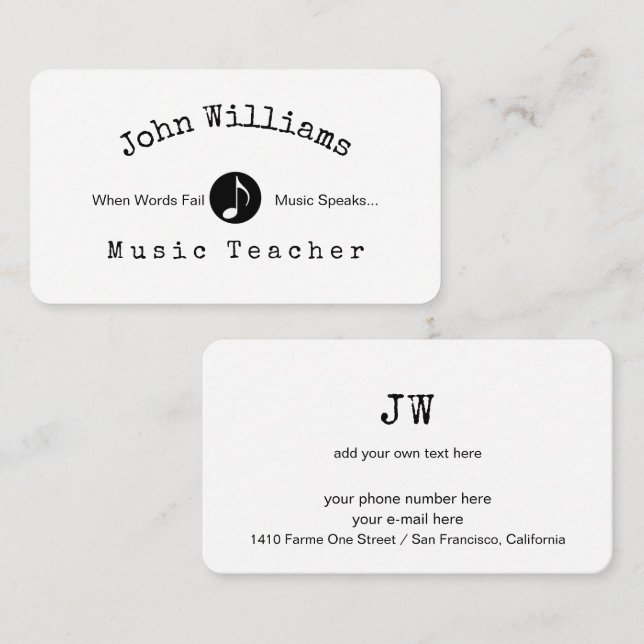 Carte De Visite Professeur de Musique Blanc (Devant / Derrière)