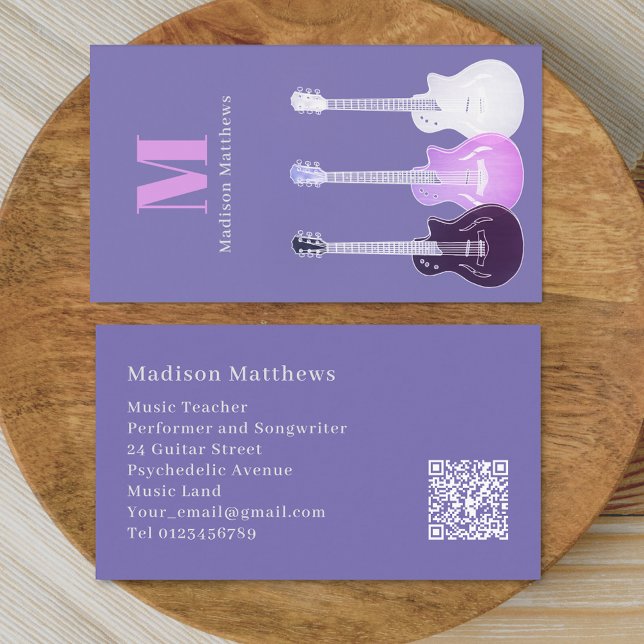 Carte De Visite Professeur de Musique de Guitare Code QR Rose Viol (Guitar teacher music tutor musician performer Pink purple qr code Business card)
