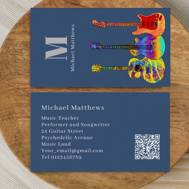 Carte De Visite Professeur de Musique de Guitare Musicien Code QR  (Modern guitar music teacher professional musician qr code blue Business card)