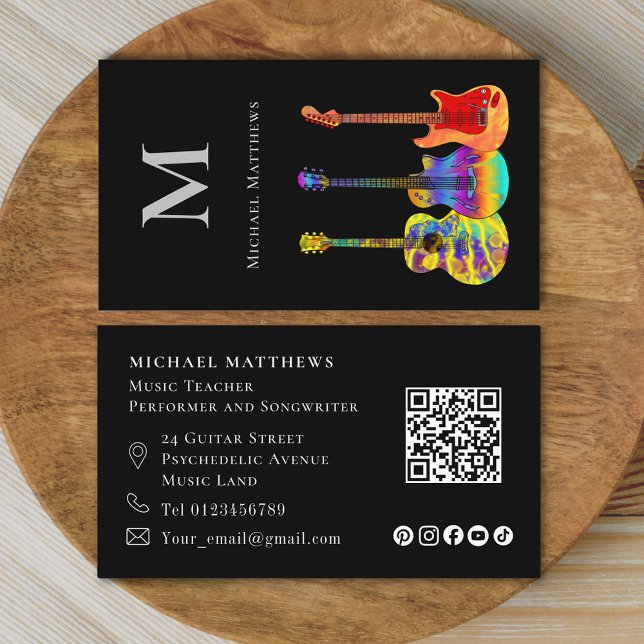 Carte De Visite Professeur de Musique de Guitare Musicien Code QR  (Stylish guitar tutor qr code and social media custom business card)