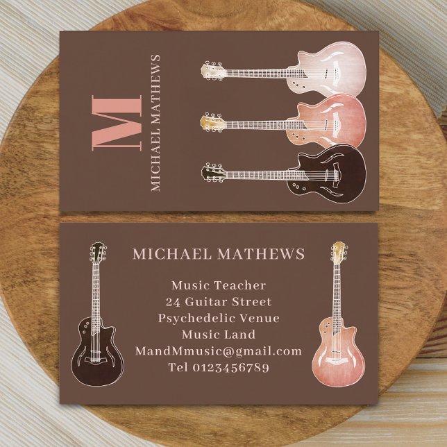 Carte De Visite Professeur de Musique de Guitare Musicien Professi (Rustic guitar music teacher professional musician Business card Country music semi acoustic guitars)