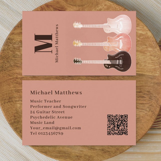 Carte De Visite Professeur de Musique de Guitare Musicien Professi (Guitar music teacher professional musician qr code Business card Rustic country music style design)