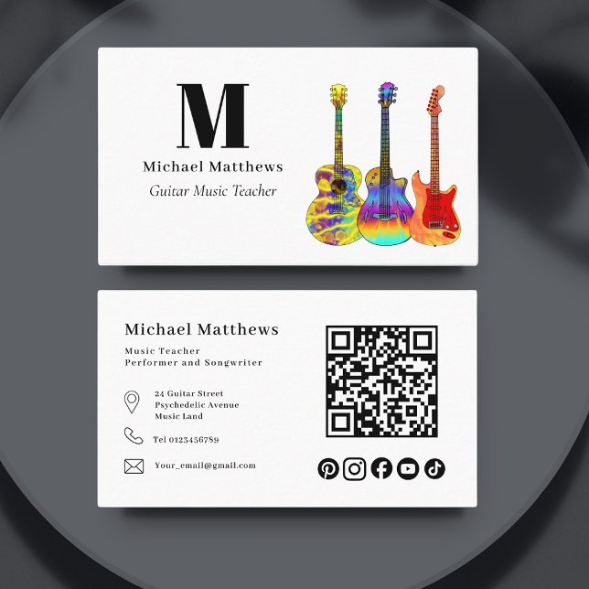 Carte De Visite Professeur de musique de guitare QR code Réseaux s (Minimalist guitar teacher qr code custom business card)