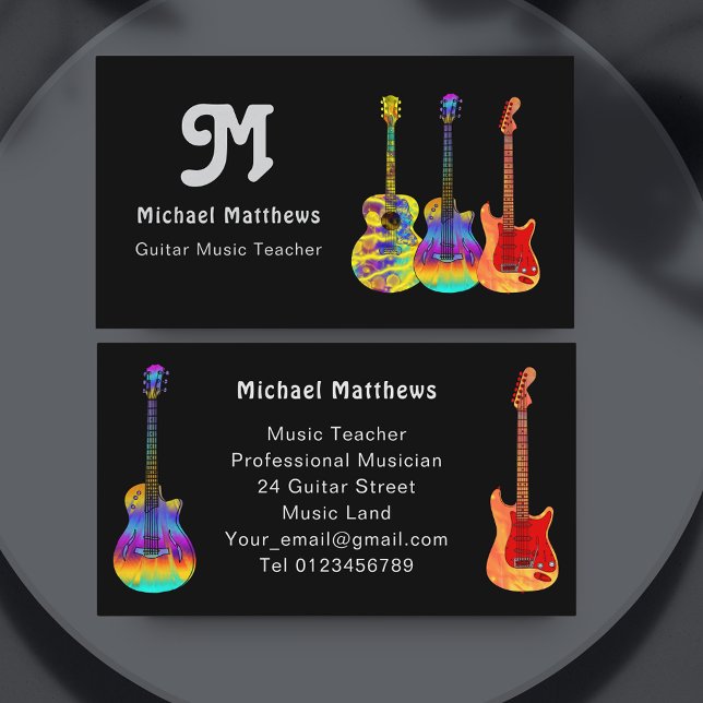 Carte De Visite Professeur de musique de guitare rétro sur mesure (Retro guitar music teacher custom photo custom business card with psychedelic guitars)
