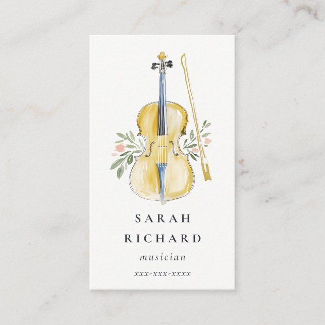 Carte De Visite Professeur de musique élégant à l'aquarelle violon (Devant)