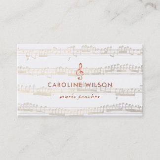 Carte De Visite professeur de musique élégante rose or clef