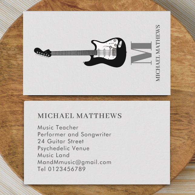 Carte De Visite Professeur de musique guitare (Modern Minimalist Guitar Music Teacher Musician Business card Monogram name initials electric guitar)
