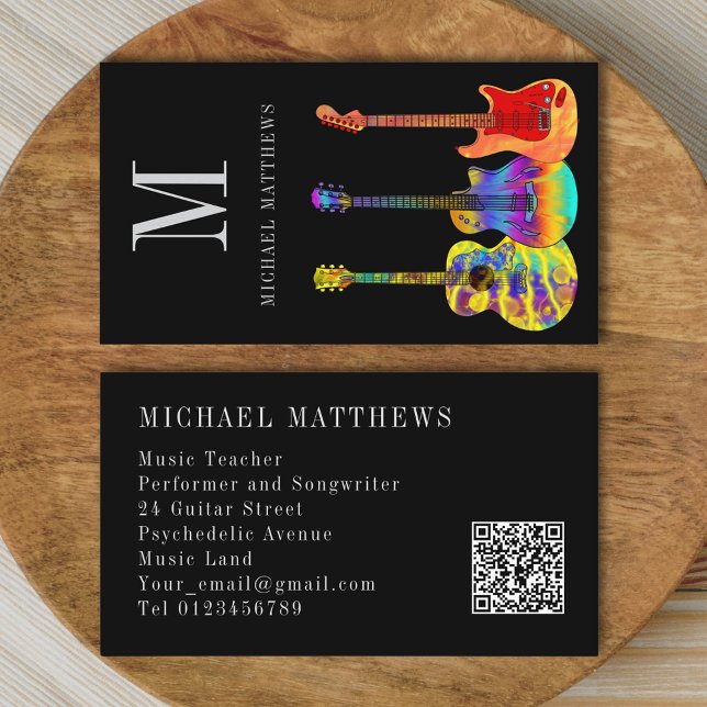 Carte De Visite Professeur de Musique Guitare Musicien Code QR (Stylish guitar teacher Qr code custom business card )