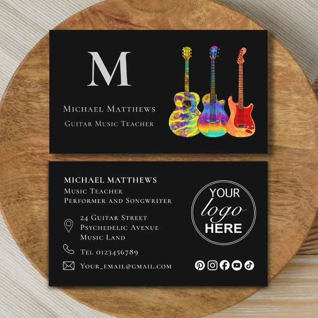 Carte De Visite Professeur de Musique Guitare Musicien Logo Réseau (Modern guitar music teacher professional musician logo social media Business card Colorful guitars)