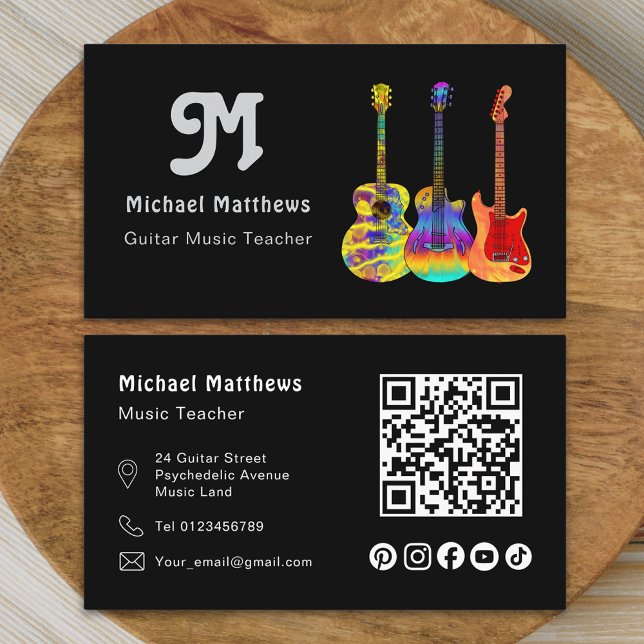 Carte De Visite Professeur de Musique Guitare Musique QR Code Rése (Modern retro guitar music tutor professional musician social media qr code Business card )