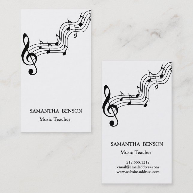 Carte De Visite Professeur de Musique Logo Clé Musicale Noir & Bla (Devant / Derrière)