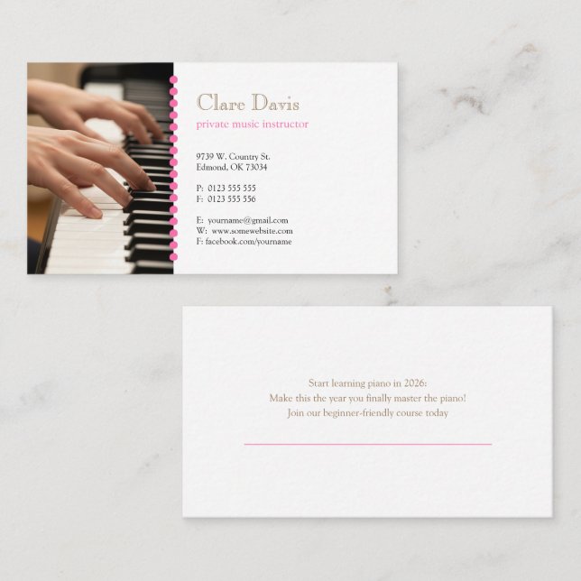 Carte De Visite Professeur de Musique | Pianiste (Devant / Derrière)