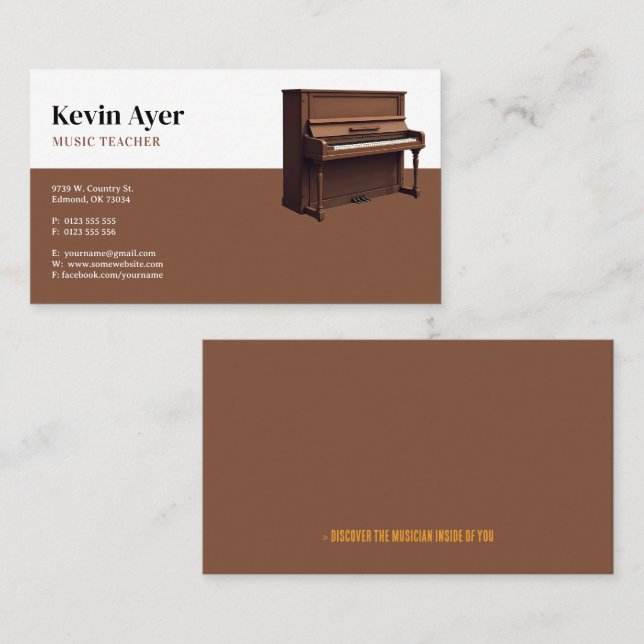 Carte De Visite Professeur de musique | Piano (Devant / Derrière)