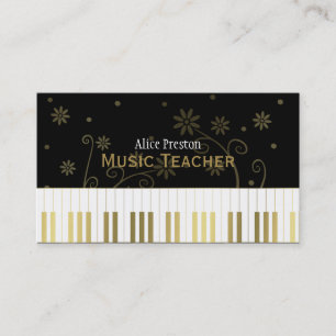 Carte De Visite Professeur de musique Piano Floral Noir Or