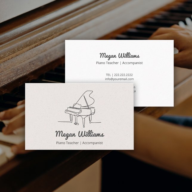 Carte De Visite Professeur de Piano à Queue Dessin au Trait Leçon  (Line Drawing Grand Piano Teacher Music Lesson Business Card)