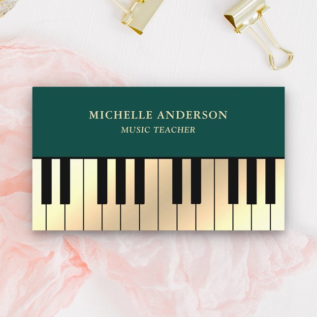 Carte De Visite Professeur de Piano Clavier Vert Crème Or Pianiste (Créateur téléchargé)