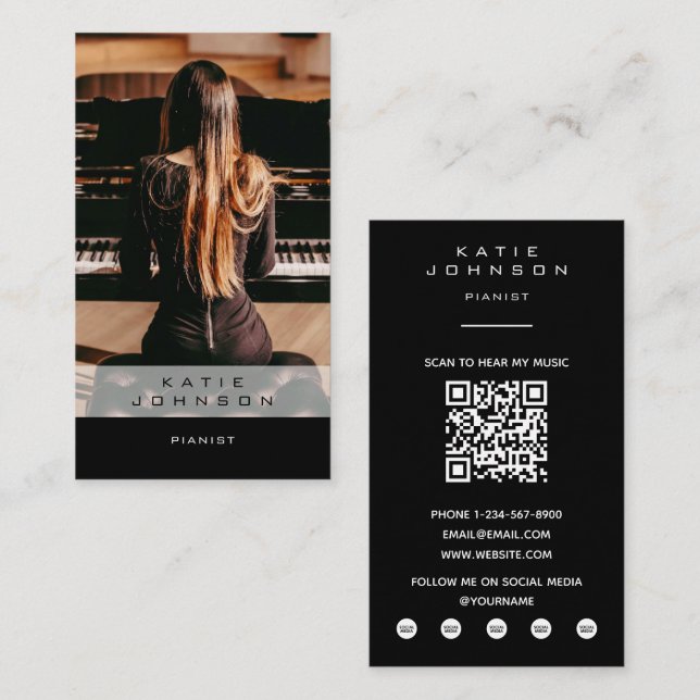 Carte De Visite Professeur de piano Musicien Photo QR Code (Devant / Derrière)