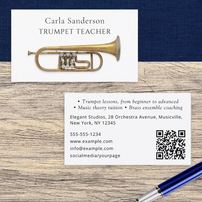 Carte De Visite Professeur de Trompette Instrument à Vent Professe (An elegant business card template for a trumpet teacher, with customizable QR code)