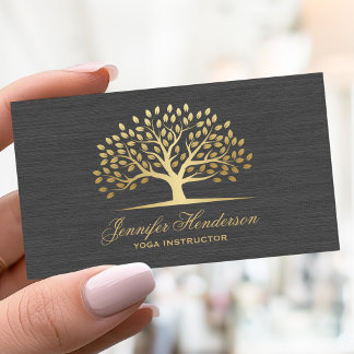 Carte De Visite Professeur de Yoga Arbre Doré Lin Élegant Gris