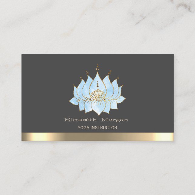 Carte De Visite Professeur de yoga chic bleu lotus rayure or (Devant)