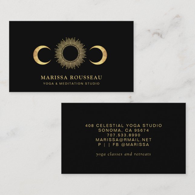 Carte De Visite Professeur de Yoga du Soleil Lunaire Céleste Noir (Devant / Derrière)