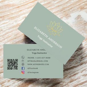 Carte De Visite Professeur de Yoga fleur de lotus dorée vert sauge
