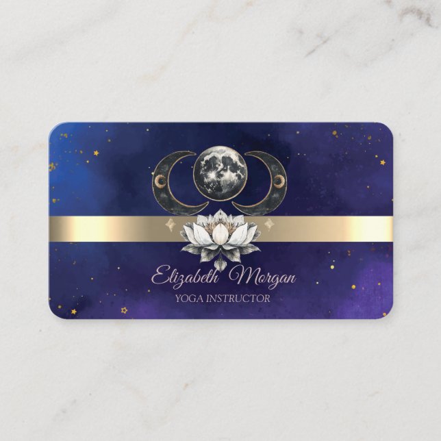 Carte De Visite Professeur de yoga lune bleue lotus rayure dorée  (Devant)