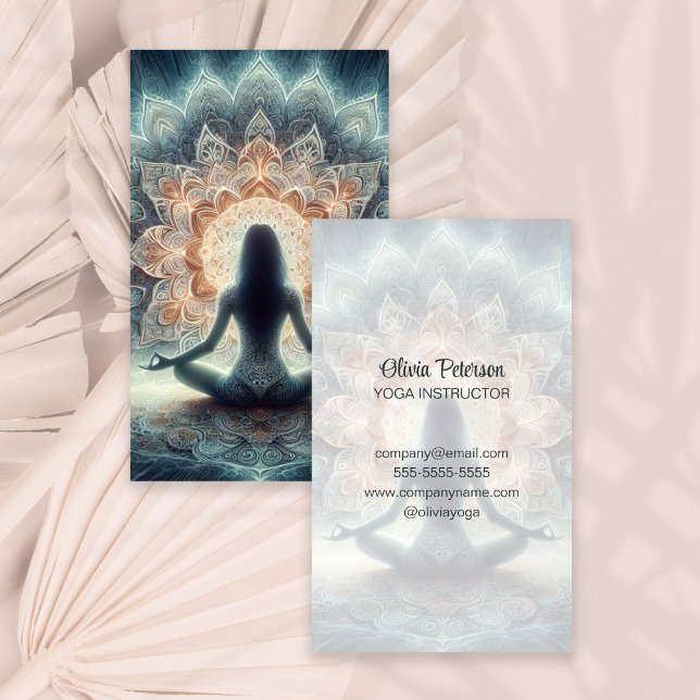 Carte De Visite Professeur de Yoga moderne Mandala Yogi Girl (Modern Yoga Teacher Mandala Yogi Girl Business Card on a boho neutral dry palm leaf.)