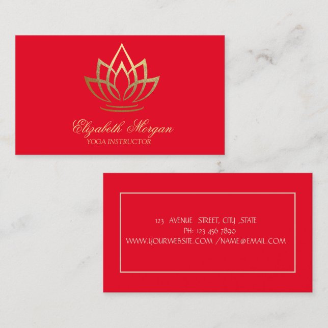 Carte De Visite Professeur de yoga, Rouge, Lotus doré (Devant / Derrière)