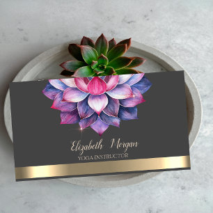 Carte De Visite Professeur de yoga Violet Lotus Gold Stripe