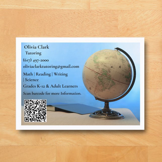 Carte De Visite Professeur globe et livre de classe QR Code blanc  (White Globe  Business Card for Teacher )