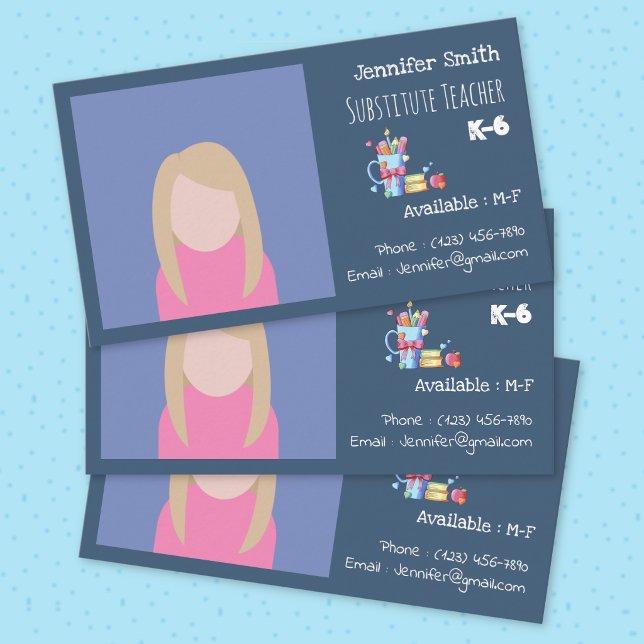 Carte de visite Professeur remplaçant Bleu foncé a (Substitute teacher dark blue standard business cards with photo . )