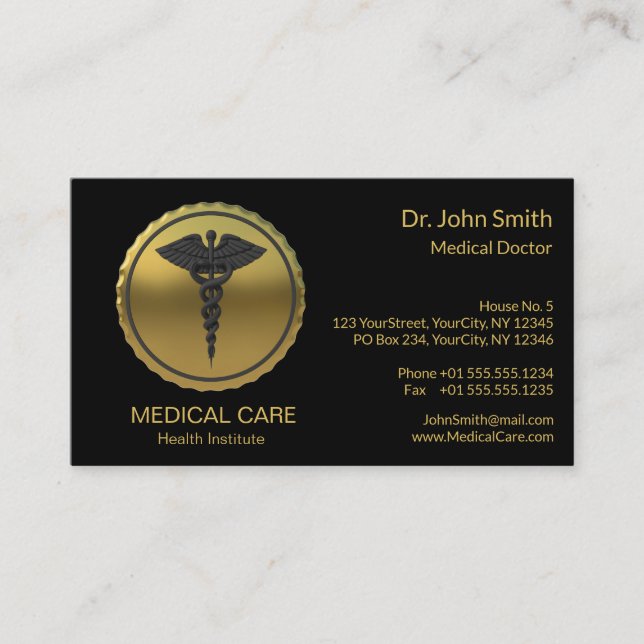 Carte De Visite Professional 3D Gold Caduceus Emblem Medical (Devant)
