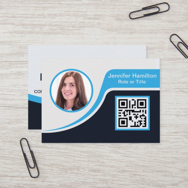 Carte De Visite Professional Black Blue ajoutez votre logo QR Code (Devant/Arrière en situation)