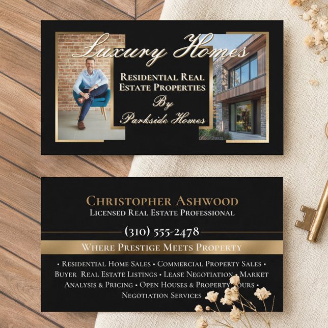 Carte De Visite Professional Black Gold Real Estate Agent Photo  (Professional Black Gold Real Estate Agent Photo Business Card)