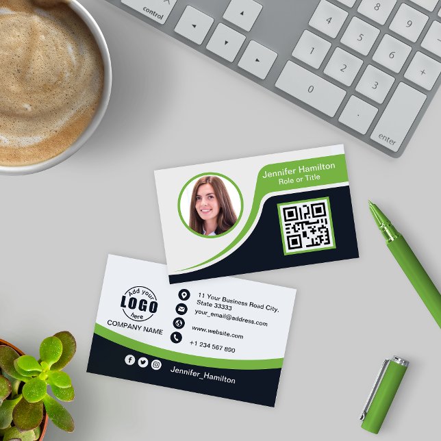 Carte De Visite Professional Black Green ajoutez votre logo QR Cod (Créateur téléchargé)