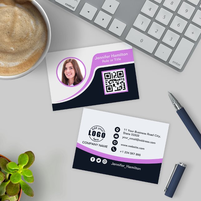 Carte De Visite Professional Black Purple ajoutez votre logo QR (Créateur téléchargé)