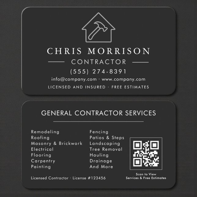 Carte De Visite Professional Black & Silver Contractor QR Code (Créateur téléchargé)