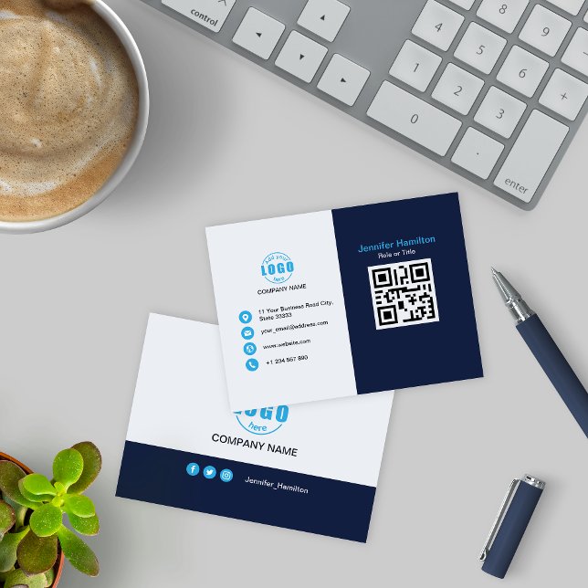 Carte De Visite Professional Blue ajoutez votre logo QR Code (Créateur téléchargé)
