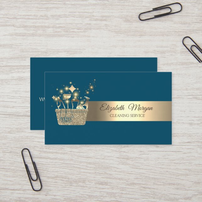 Carte De Visite Professional Bokeh Gold Glitter Cleaning Tools  (Devant/Arrière en situation)