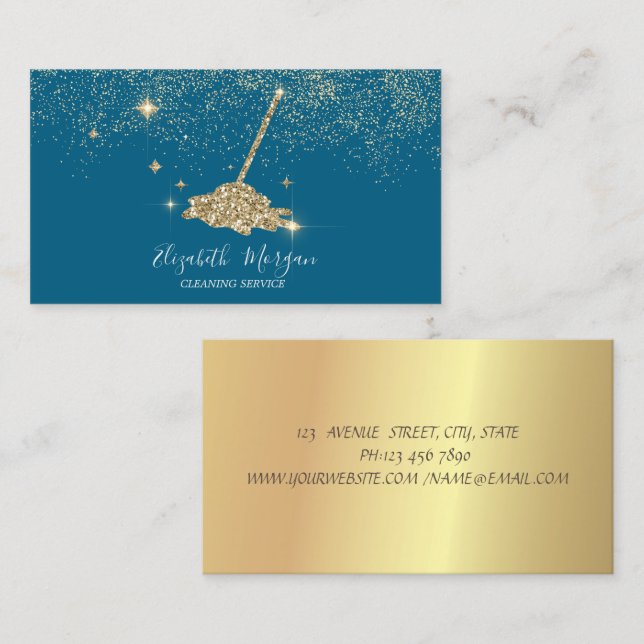 Carte De Visite Professional Gold Confetti Glitter Broom (Devant / Derrière)