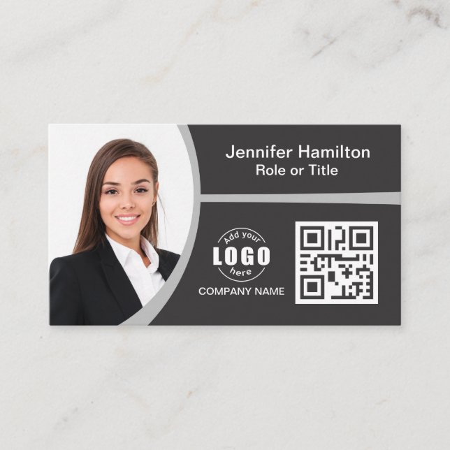 Carte De Visite Professional Grey ajoutez votre logo QR Code Photo (Devant)