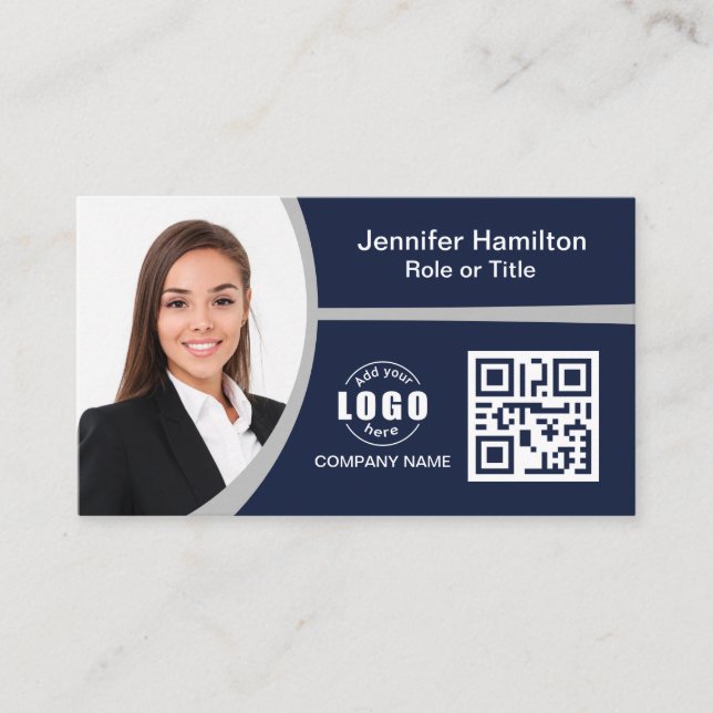 Carte De Visite Professional Grey ajoutez votre logo QR Code Photo (Devant)