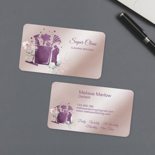 Carte De Visite Professional House Cleaning Rose Gold Glitter Chic (elegant cleaning business card with bucket tools and flowers, rose gold and purple color)