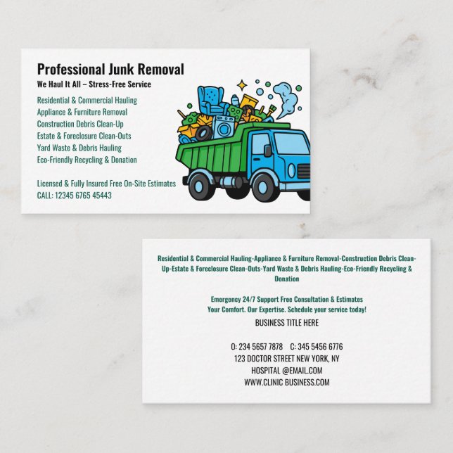 Carte De Visite Professional Junk Removal & Hauling Services (Devant / Derrière)