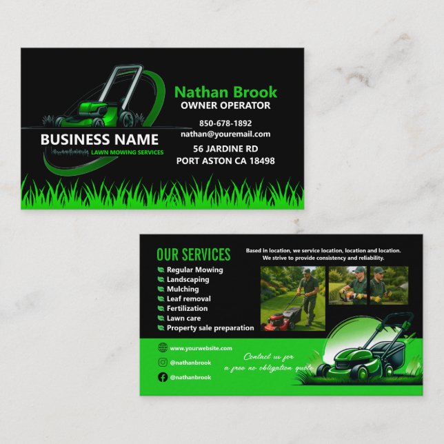 Carte De Visite Professional Lawn Care Landscaping Green Black (Devant / Derrière)