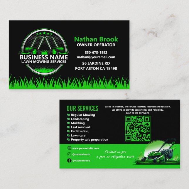 Carte De Visite Professional Lawn Care Landscaping Green Black QR (Devant / Derrière)
