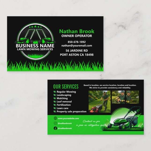 Carte De Visite Professional Lawn Care Landscaping Green Black QR (Devant / Derrière)
