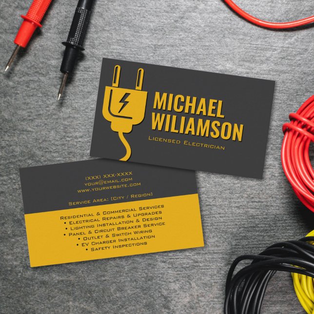 Carte De Visite Professional Licensed Electrician Electrical Work (Business card design for electrician featuring lightning icon and professional aesthetic)
