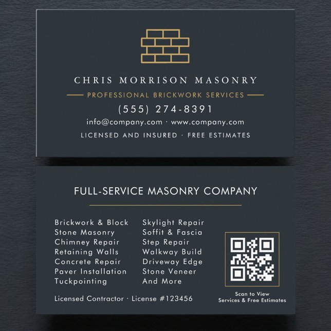 Carte De Visite Professional Masonry Bricklayer Business QR Code (Créateur téléchargé)